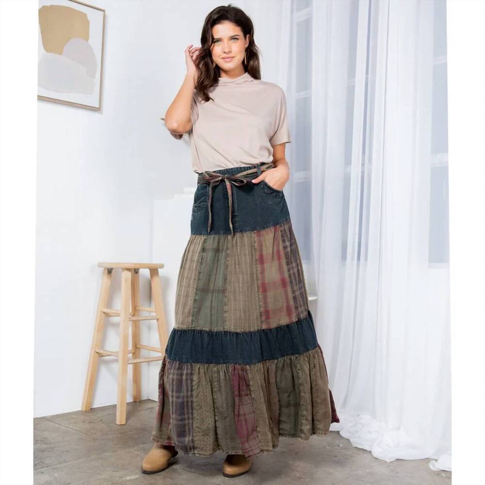 NEW YOUNG THREADS long denim patchwork skirt in blue